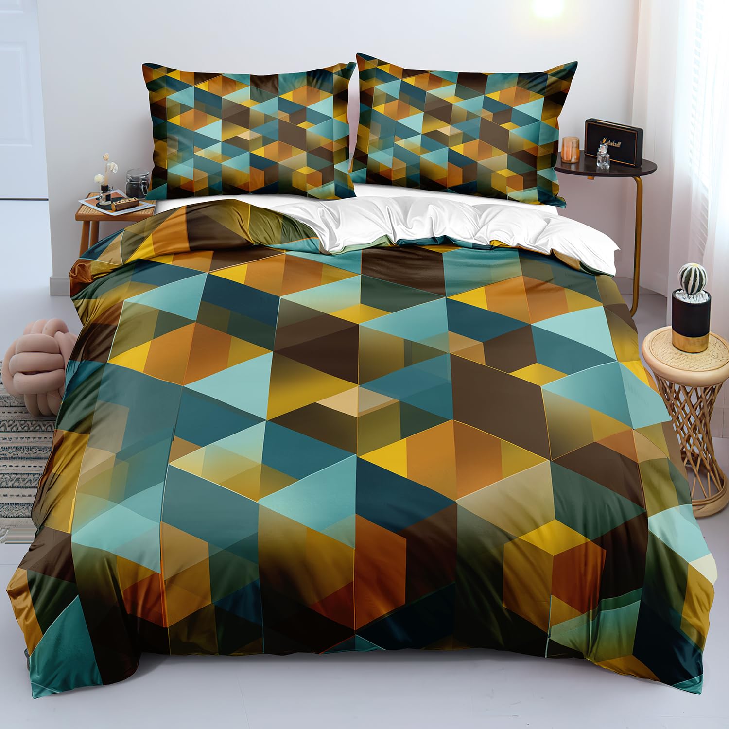 Housse de couette géométrique rétro colorée pour chambre d'ado et adulte