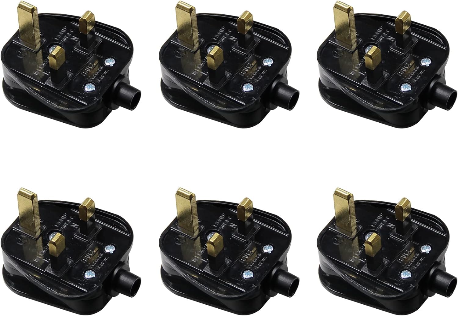 DKURVE® UK 13 A Fused Mains with Cord Grip Rewireable Plugs Black 3 Pin UK Mains Top Plug 13A 13 AMP Appliance Power Socket Fuse Adapter Household Black (6 PACK)