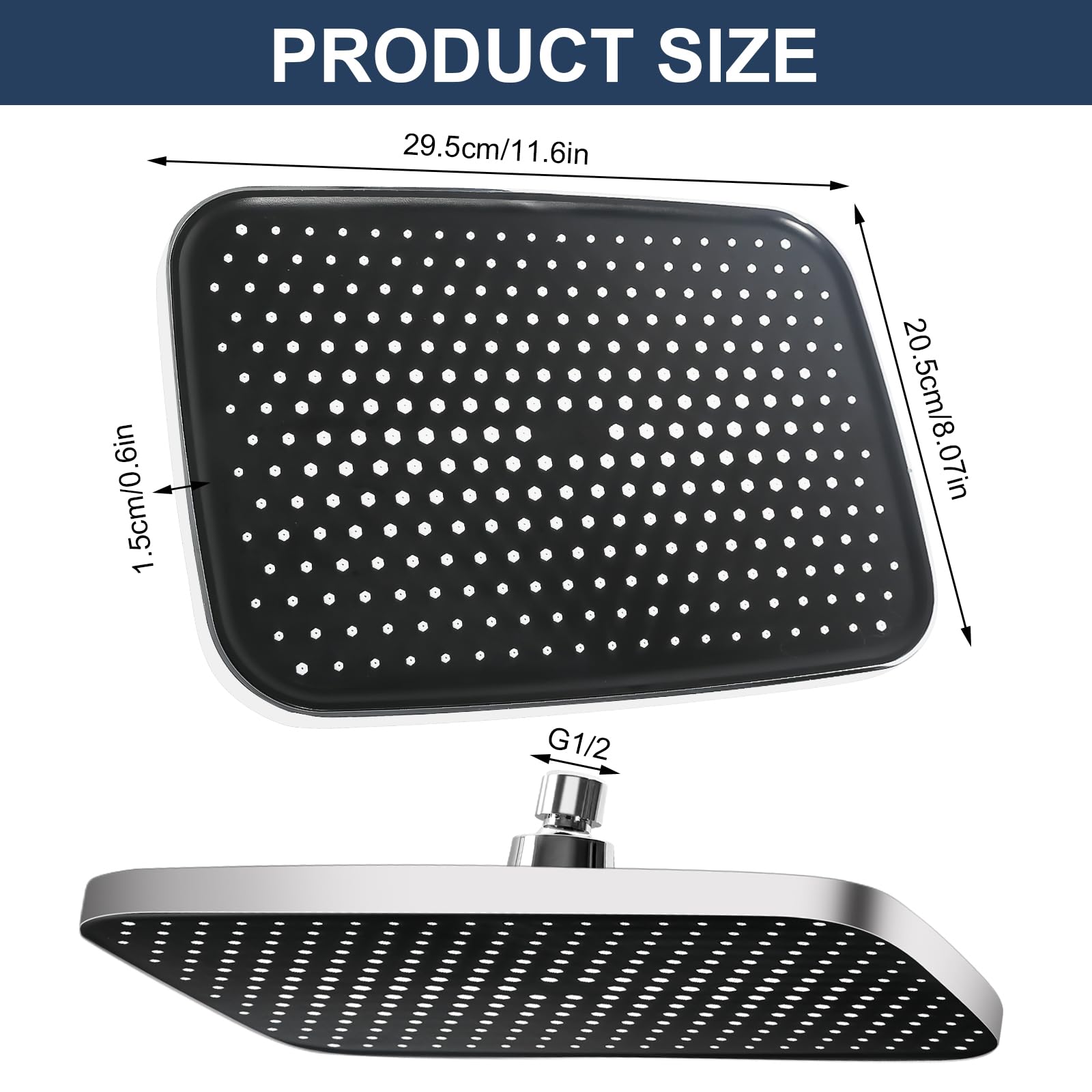 Rain Shower Head 12 Inch, 360° Adjustable High Pressure Rainfall Shower Head Square Built-in Shower Heads - Image 2