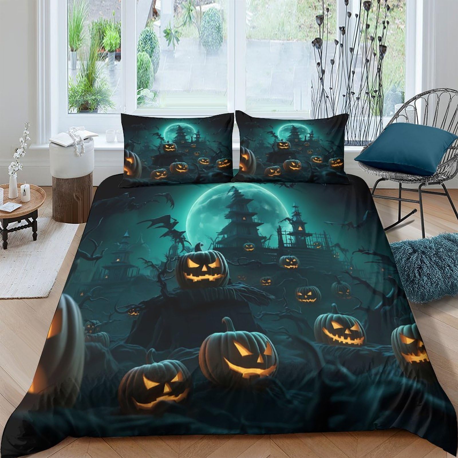 Ctjqhvkz Style-2 3D Printed Halloween Pumpkin Fitted Sheet Microfiber Soft Breathable Haunted Castle Bed Cover For Bedroom Dorm Mattress Decor Single（135X200cm）