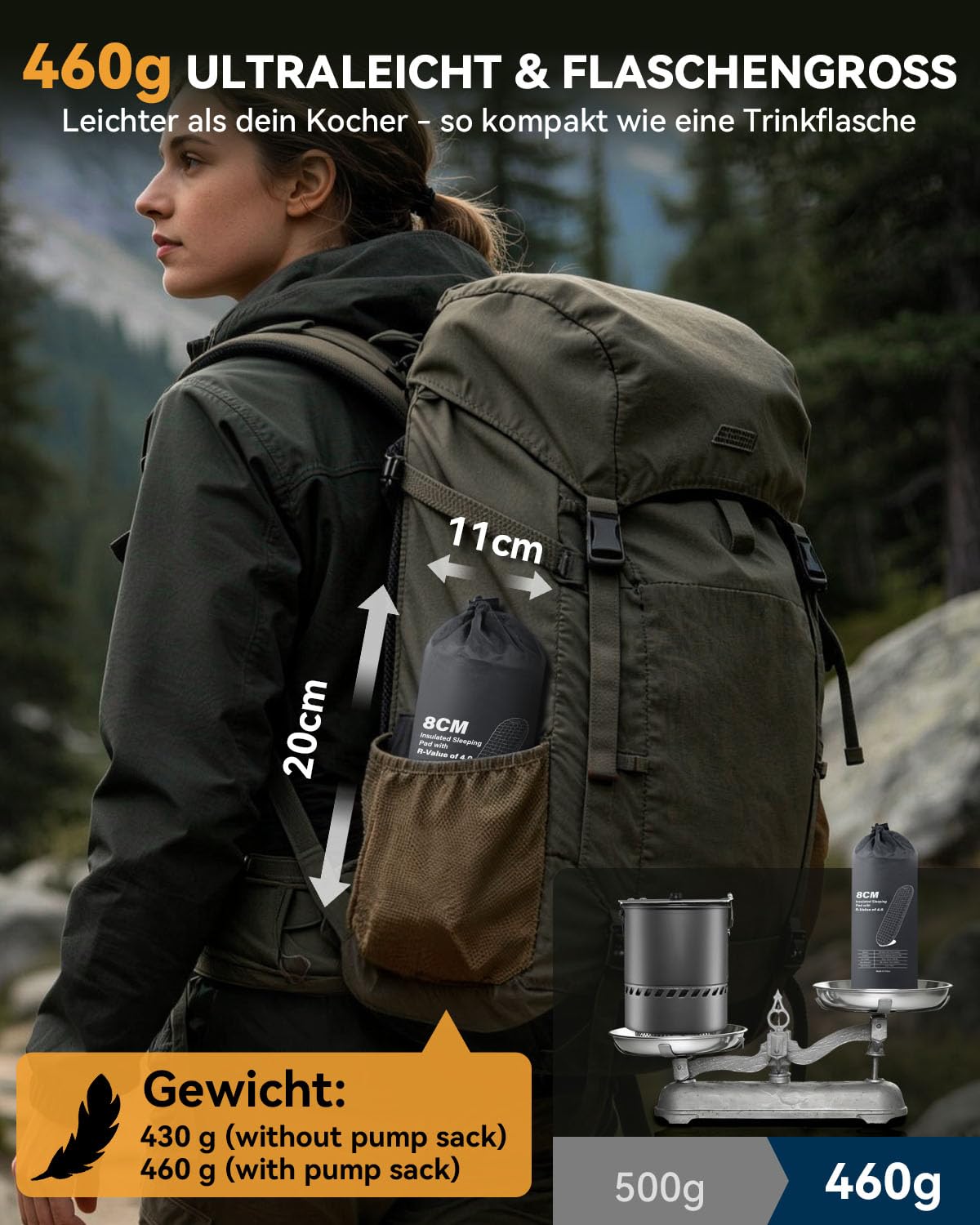HIKENTURE Colchoneta ultraligera para camping, 460 g, valor R 4, con bolsa bomba, color gris