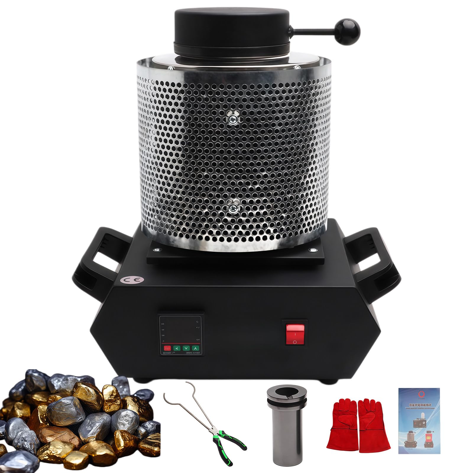 Digitales Goldschmelzofen-Set, 1500W Heim-Schmelz- Gießgerät, mit Graphittiegel, Tiegelzange Und Handschuhen, Zum Schmelzen Von Aluminium-, Gold- Und Kupferschrott Black-3Kg