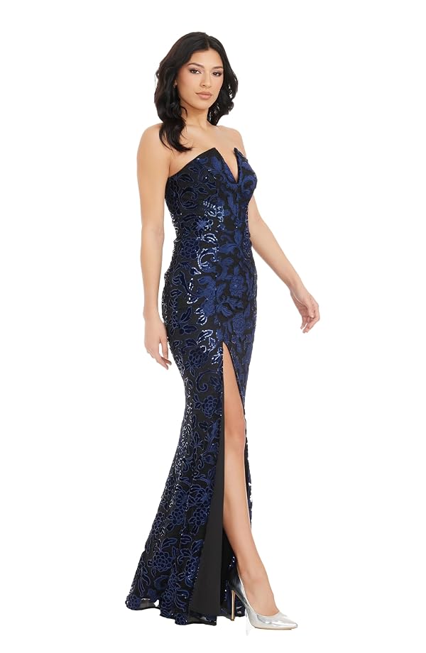 Dress the Population Women's Fernanda Floral Velvet Sequin Embroidery, Maxi, Bodycon, V-Neck Gown, Navy-Black, Medium by Dress the Population - Used condition - Image 2