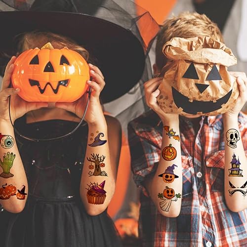 Miniatura 6 de 148 hojas de tatuajes temporales de Halloween para niños, tatuajes individuales de esqueletos de calabaza de Halloween para niños y niñas, regalos