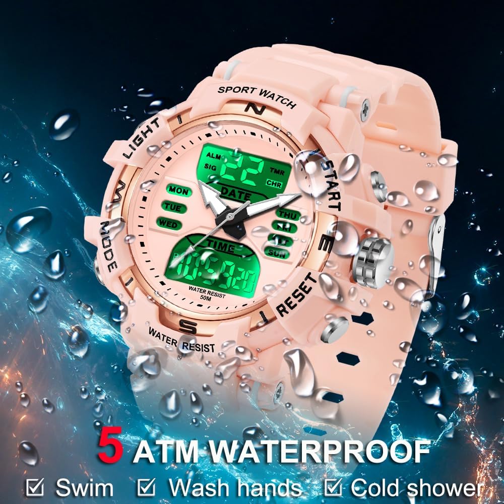 findtime Womens Sport Watches Waterproof Digital Analog Ladies Watch Military Tactical Outdoor Wrist Watches with Alarm LED Luminous Stopwatch Countdown Dual Time Reloj para Mujer