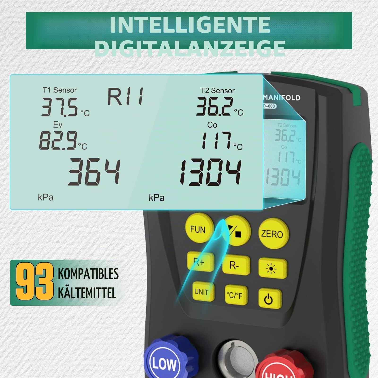 Digitales Monteurhilfe Manometer-Set für HVAC - Kompatibel mit R410a, R32, R22 Kältemittel, mit Temperaturklemmen und Kältemittelschläuchen, für Prüfung & Wartung von Klimaanlagen und Kühlschränken