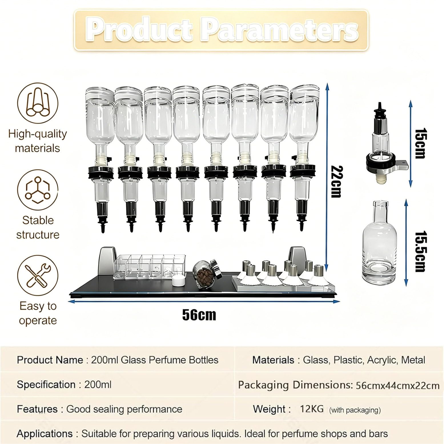 Máquina de llenado manual de líquidos para barra de perfume, 6/8/12 cabezales de bomba ajustables, botellas de vidrio de 200 ml, perfecta para tiendas y estudios, dispensa perfume fácilmente
