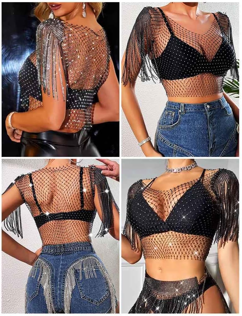 Uranian Rhinestone Mesh Body Chain See Through Crop Top Sleeveless Tassel Tank Top Bikini Cover Up for Beach Rave Party Festival - Image 7