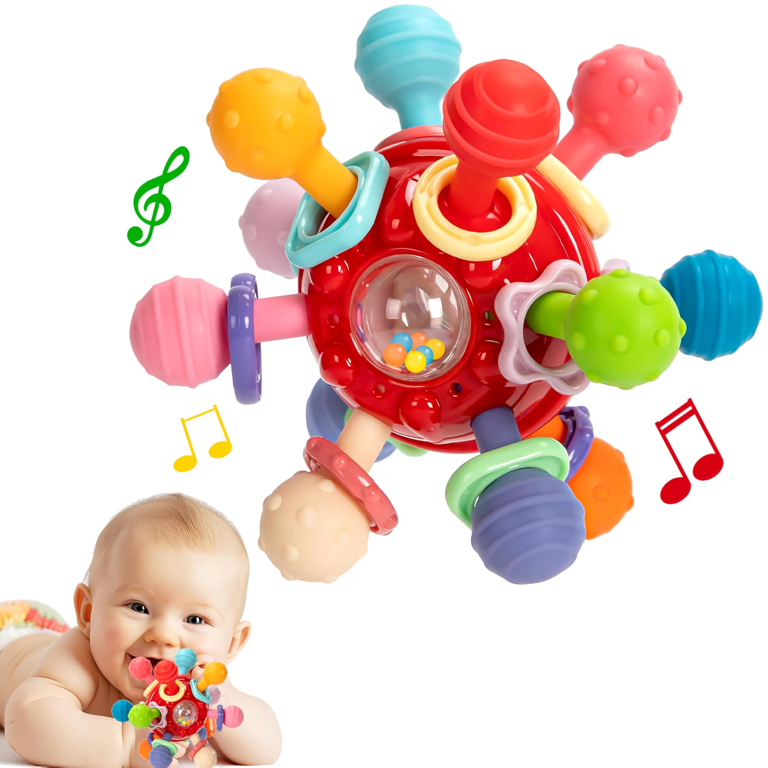 Brand Conquer Baby Sensory Toys for 0-6 6-12 Months, Baby Teether Teething Toys Gifts for Babies 0 3 6 9 12 18 Months Old Boys Girls, New-Born Infant Learning Developmental (Montessori Teether Red)-picture-21