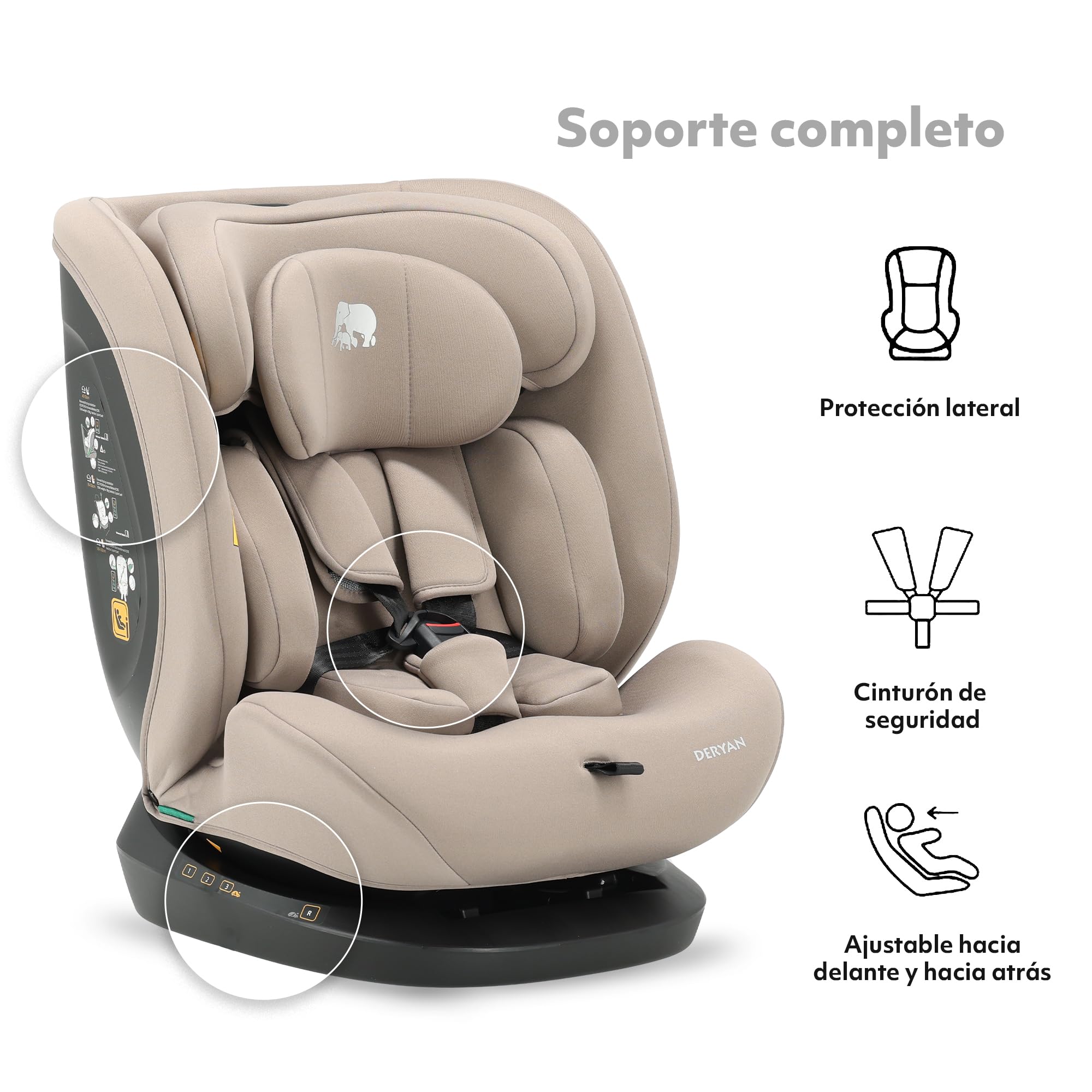 Silla de coche para niños Deryan Clyde i-Size (40-150 cm), 0-12 años, 0-36 kg, Montaje con cinturones de seguridad, reposacabezas y respaldo ajustables, reductor e inserto lingual, R129 (Nougat)