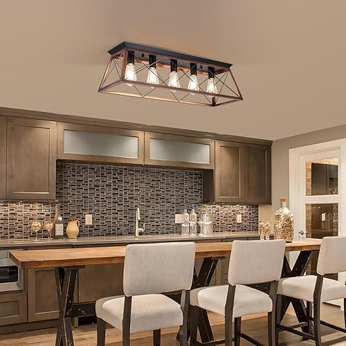 Miniatura 8 de Lámpara de techo de montaje empotrado de 31.5 pulgadas, lámpara industrial vintage de 5 luces con acabado negro mate y bronce cepillado, iluminación