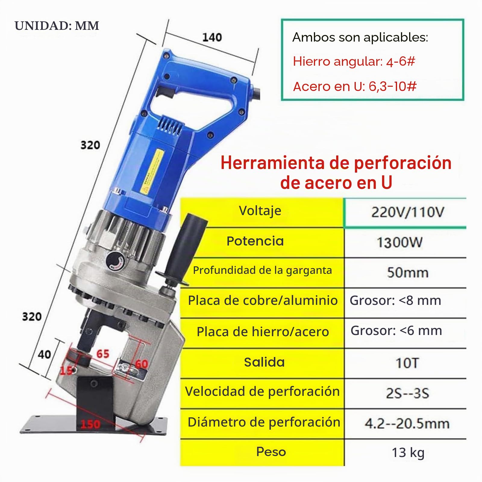 Perforadora Hidráulica Eléctrica φ1/4"-4/5" Punzonadora Perforadora De Metal Perforación Rápida,Posicionamiento Preciso,Fácil De Operar,para Placa Hierro,Cobre Y Aluminio,Anglesteel-220V
