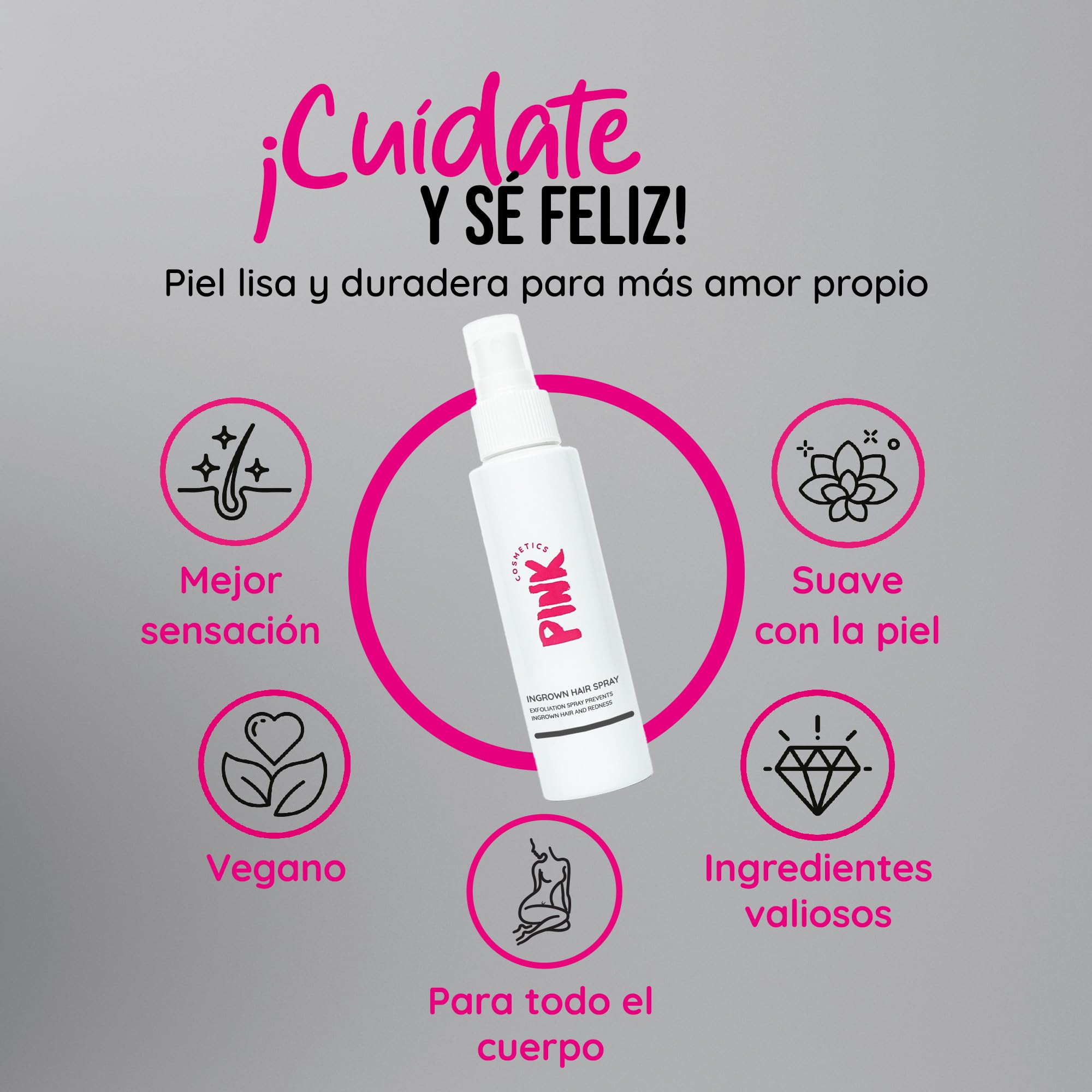 PINK Ingrown Hair Spray Solution (100 ml) - Ideal después de la depilación, el azúcar y el afeitado - Para el vello encarnado y las quemaduras por afeitado
