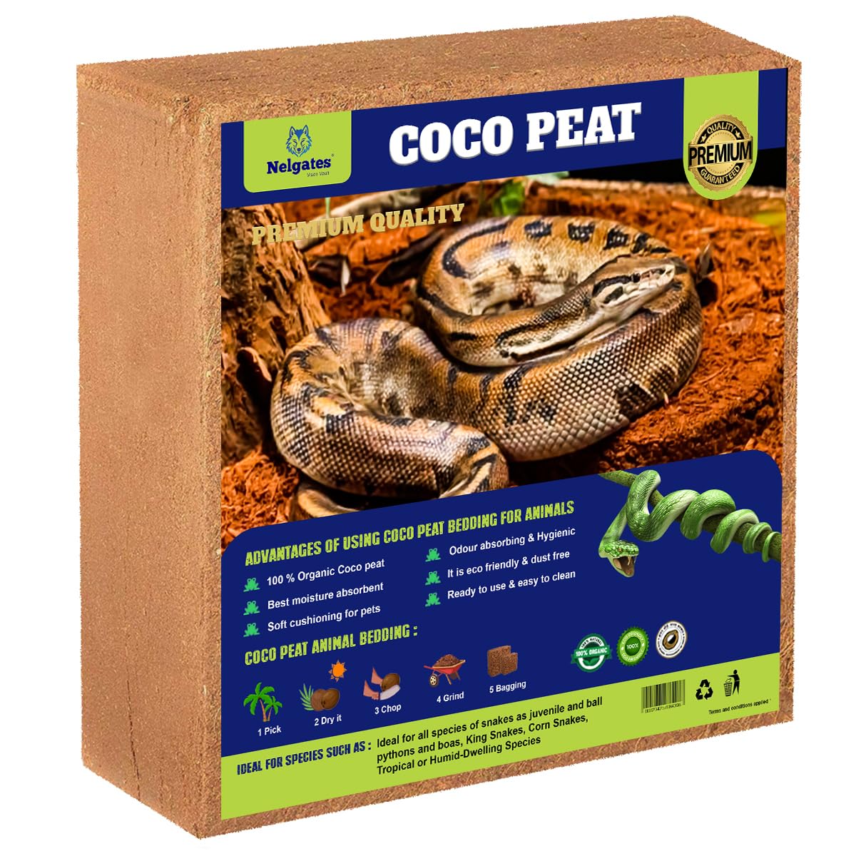 Nelgates Coco peat Block for Animal Bedding pet Products | Dogs, Cats Reptiles Snakes Chicken Birds 5kg