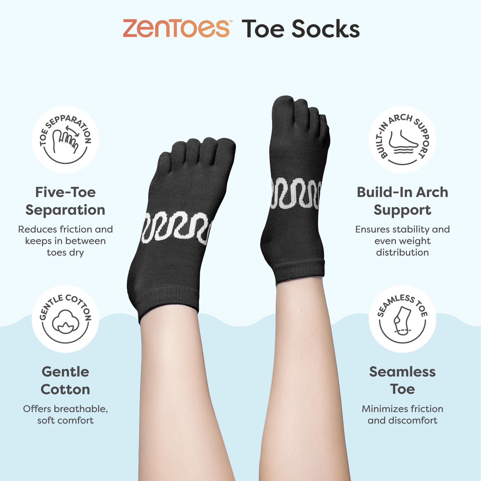 ZenToes Calcetines de pilates con agarres para mujer, antideslizantes, de algodón, con pinzas, para reducir el roce y la prevención de ampollas (L, negro)