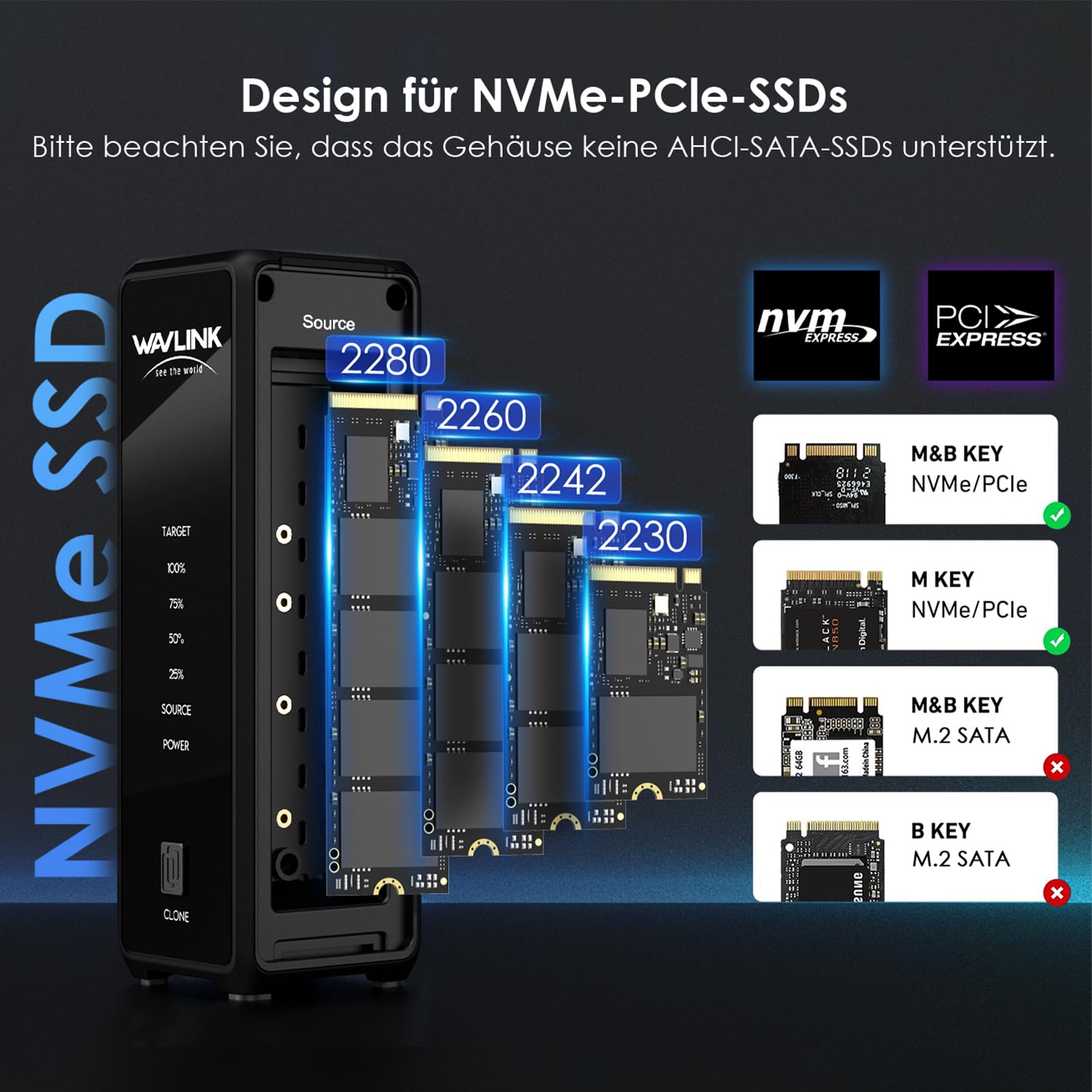 WAVLINK 40Gbps NVME Gehäuse,Dual-Bay M2 SSD Gehäuse,Offline Klonen