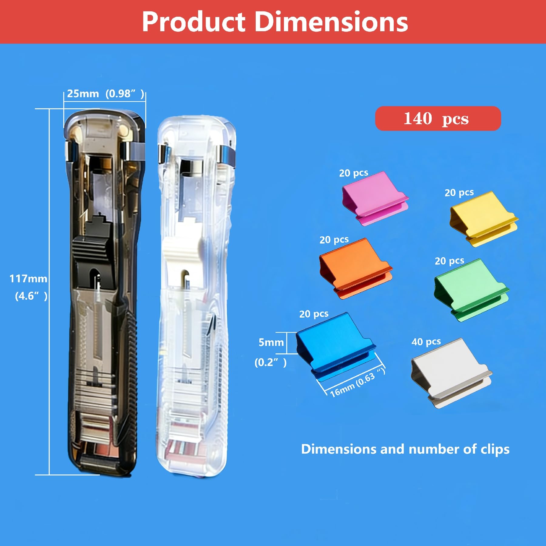 Agrafeuse à pousser, pinces à papier avec 140 clips de recharge réutilisables en acier inoxydable, capacité de 40 feuilles, distributeur de pinces pour documents de bureau, fournitures scolaires
