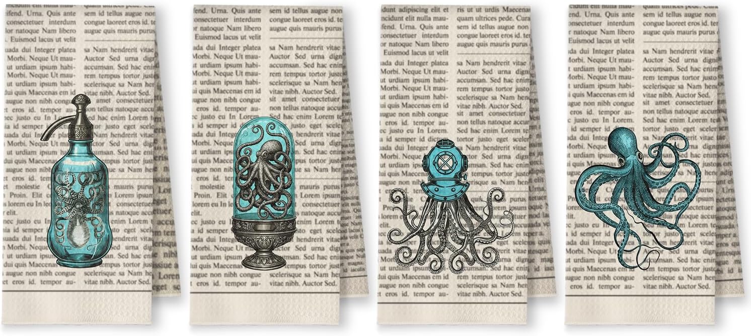Vintage Funny Octopus Bathroom Hand Towels, Coastal Beach Kitchen Dish Tea Towels, Retro Nautical Ocean Octopus Squid Decorative Hand Towel for Bathroom Kitchen, 16x24 Inch Set of 4