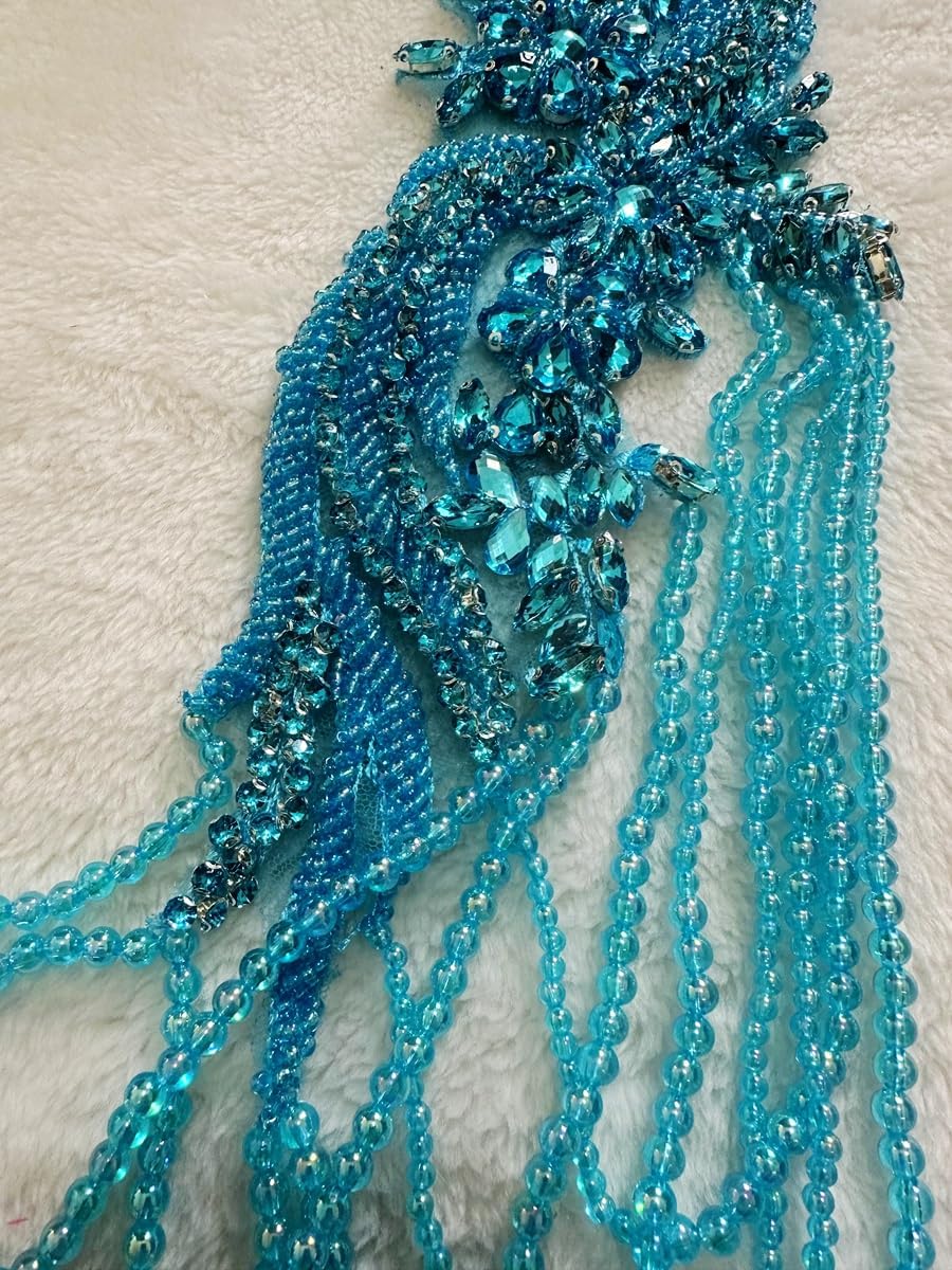 Handmade Rhinestone Fringe Patch Trim Crystal Beaded Applique for Sewing Crafts Wedding Party Decoration Bridal Dress Accessories 4.7X19.6inches (Sky Blue)
