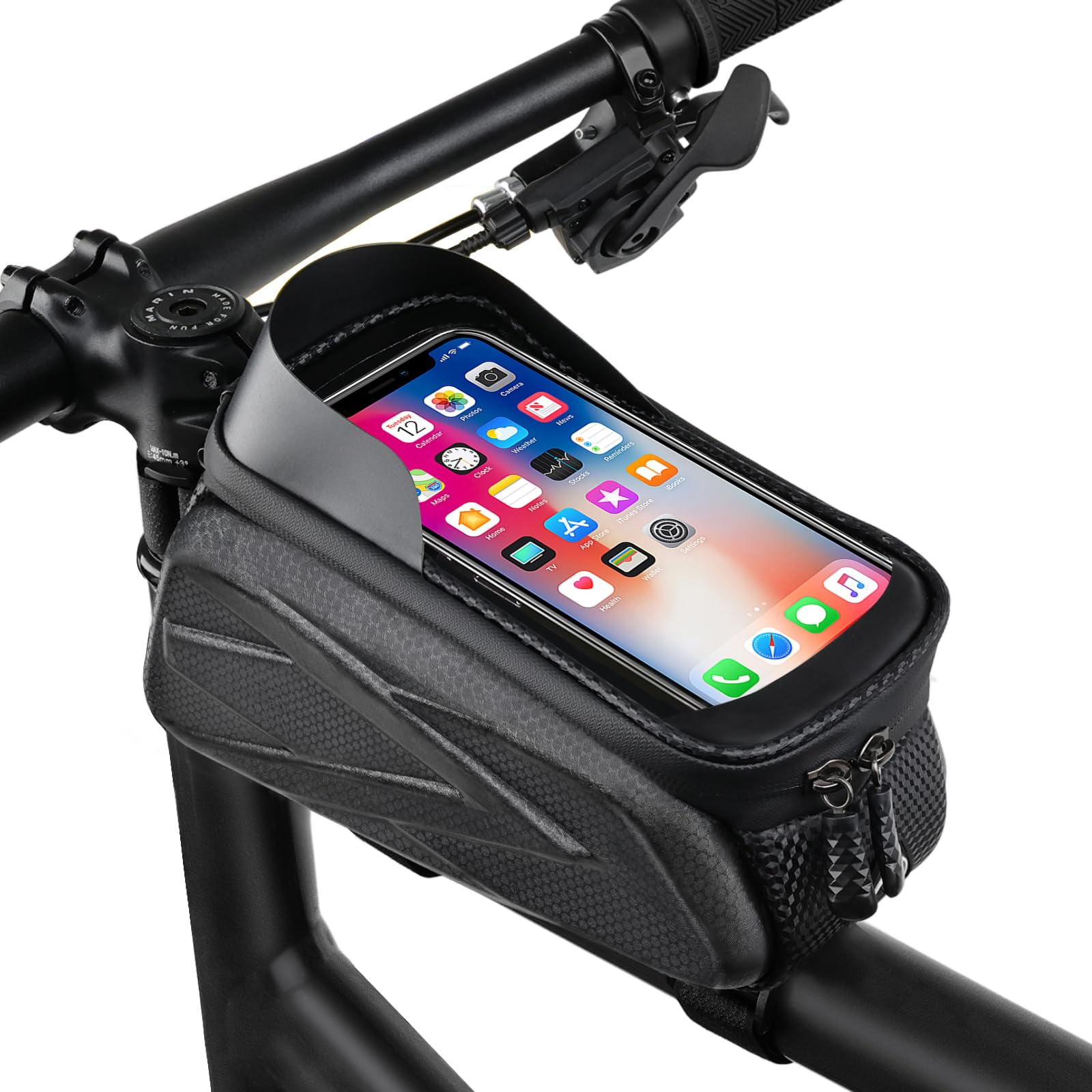 MUEUSS Bike Bag Phone Mount Bag,Top Tube Front Frame Bag,Bicycle Accessories Pouch,EVA Waterproof TPU Touch-Screen for Mountain Road Bike, MTB, E-bikes, Compatible with Phone Under 7 Inches