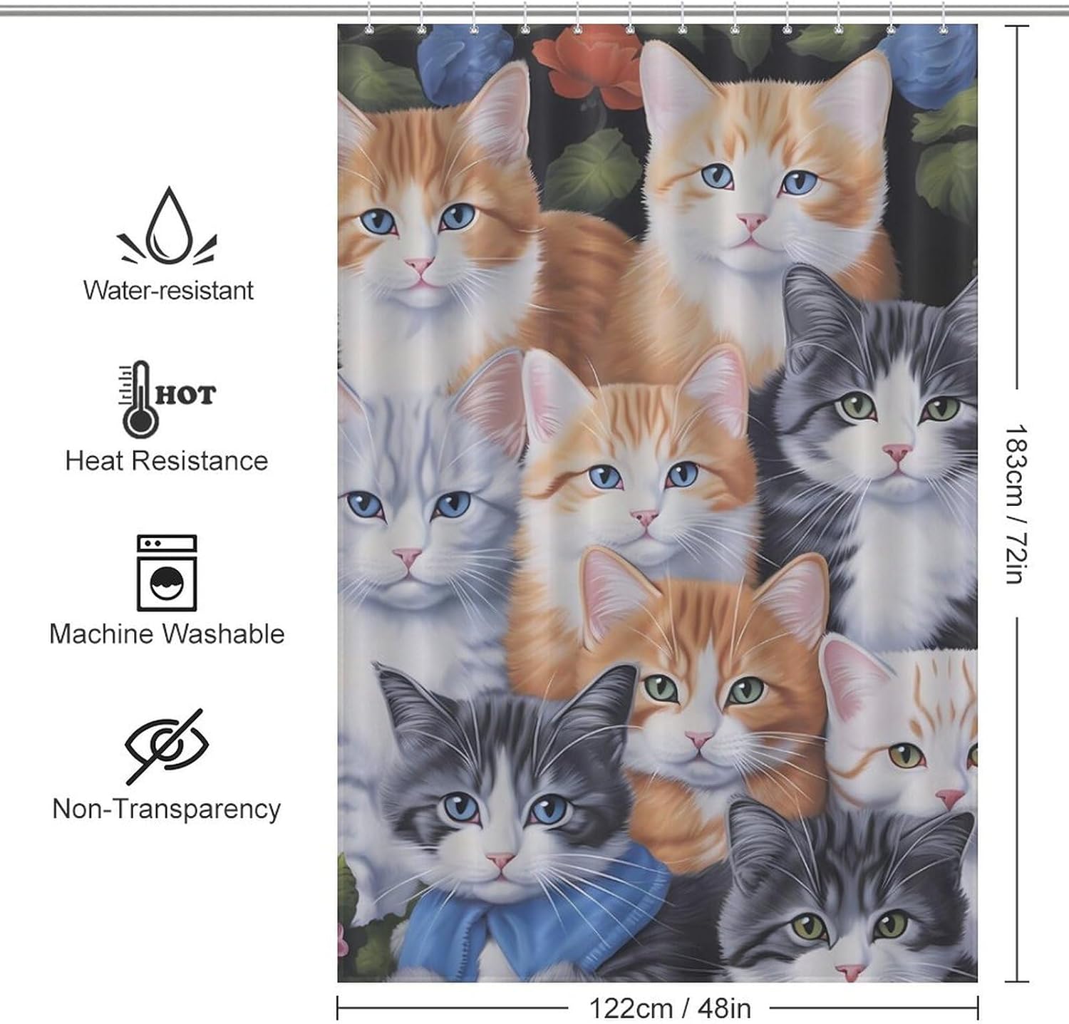 Cats Flower Garden Funny Shower Curtains Washable Bath Curtain Liner with Hooks for Bathroom Bath Tubs