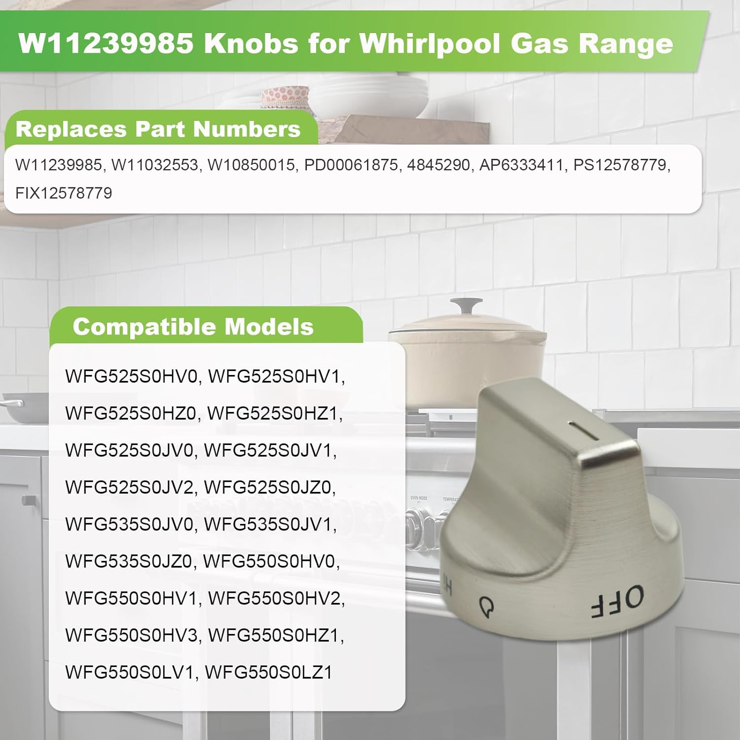W11239985 Gas Stove Knobs Replacements, 5 Pack Metal Oven Knobs, Compatible with Whirlpool WFG535S0JZ0 WFG550S0LV1 WFG525S0HV1 WFG550S0LZ1 WFG525S0HZ0 WFG525S0HZ1 Gas Range Knobs etc