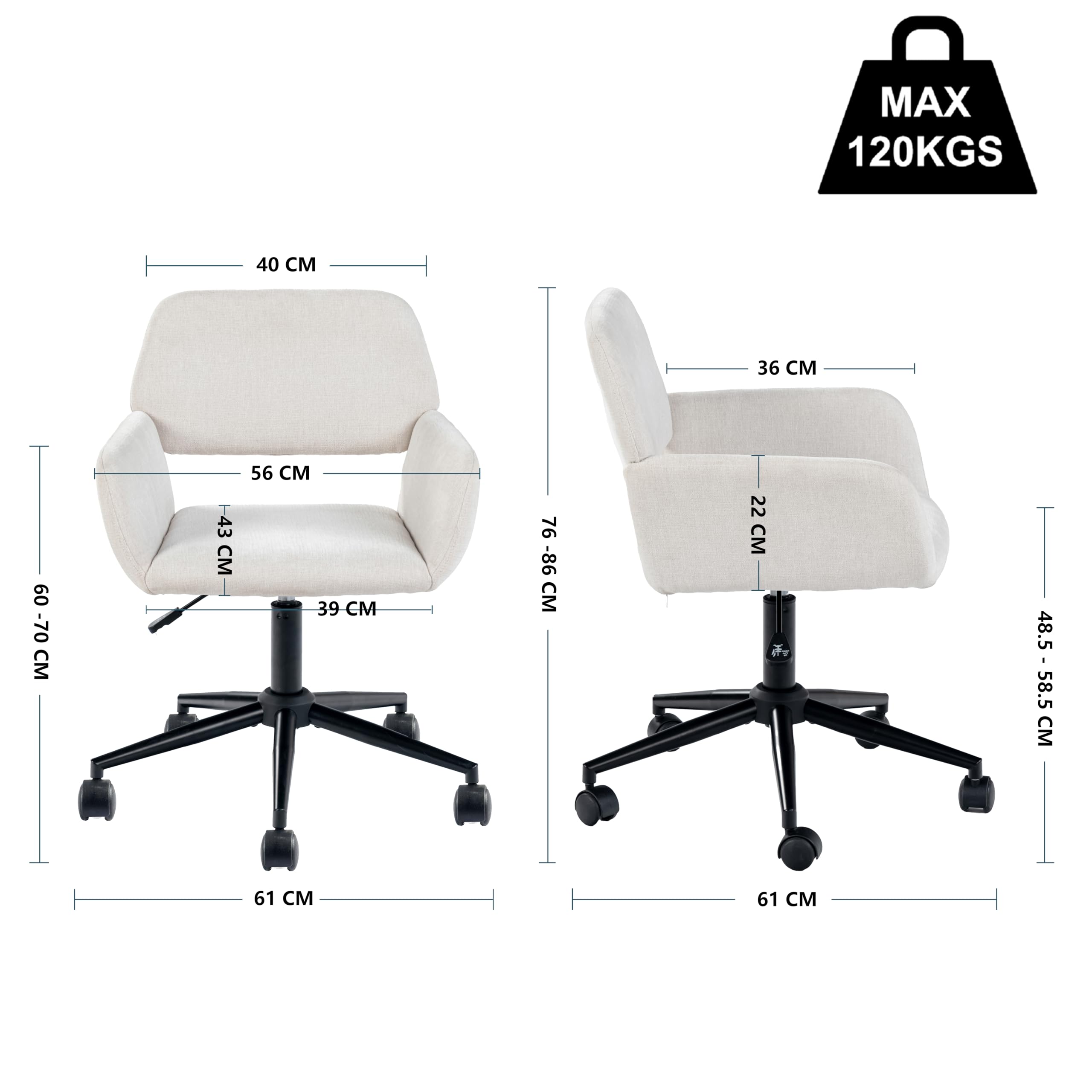 Ergonomiczne obrotowe krzesło w kolorze beżowym szenilowym – regulowana wysokość i miękkie wyściełanie, idealne do domowego biura i nauki, funkcja obracania i regulacji wysokości