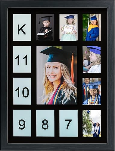 Miniatura 14 de GMFrames Marco de fotos para días escolares K-12 años escolares, collage de fotos de graduación, marco horizontal negro con paspartú, muestra una