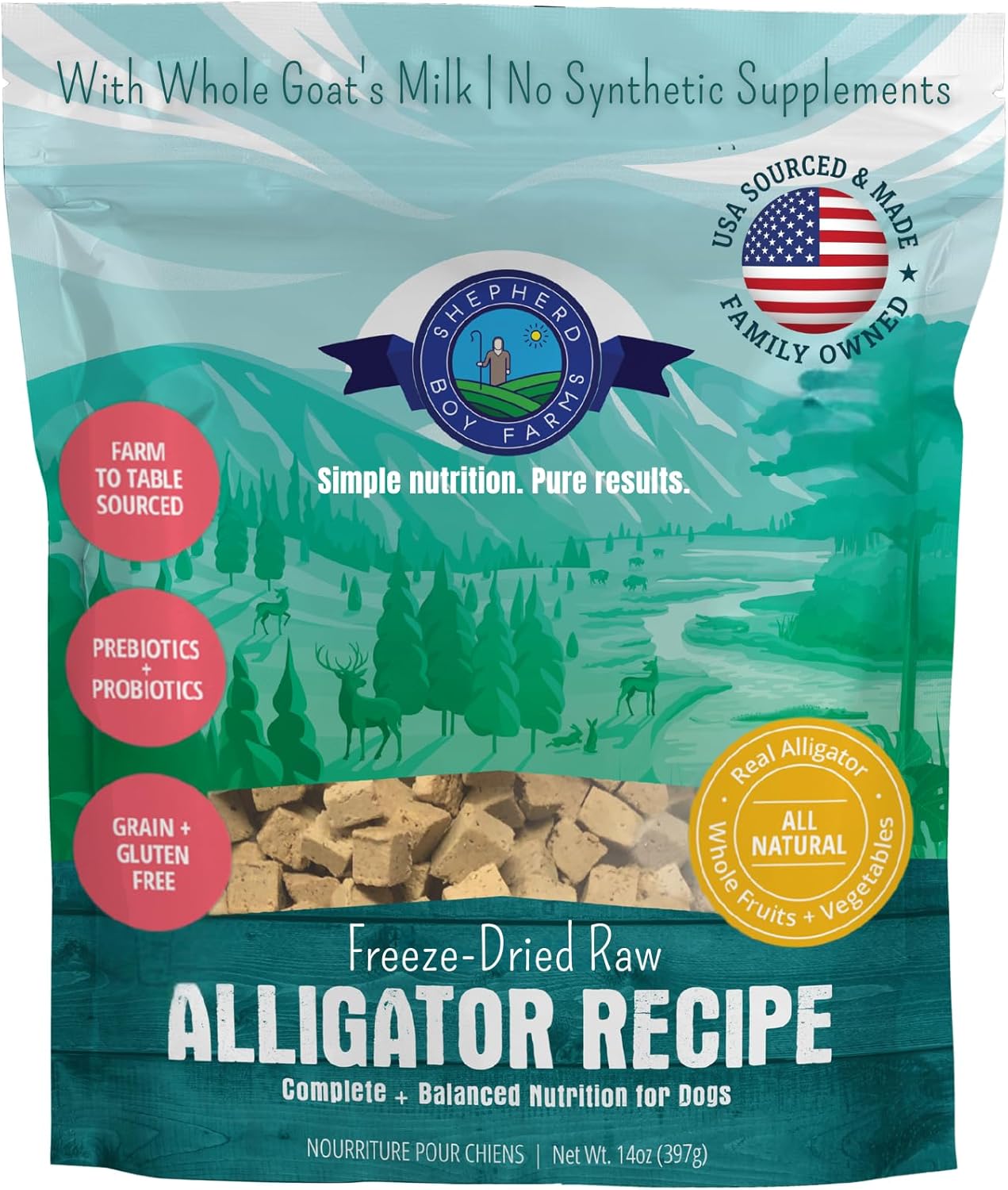 Shepherd Boy Farms Freeze Dried Raw Dog Food, Alligator Recipe, All Natural, No Synthetics, Made in USA with Goat's Milk & Organic Produce, High Protein, Complete Meal (14oz)