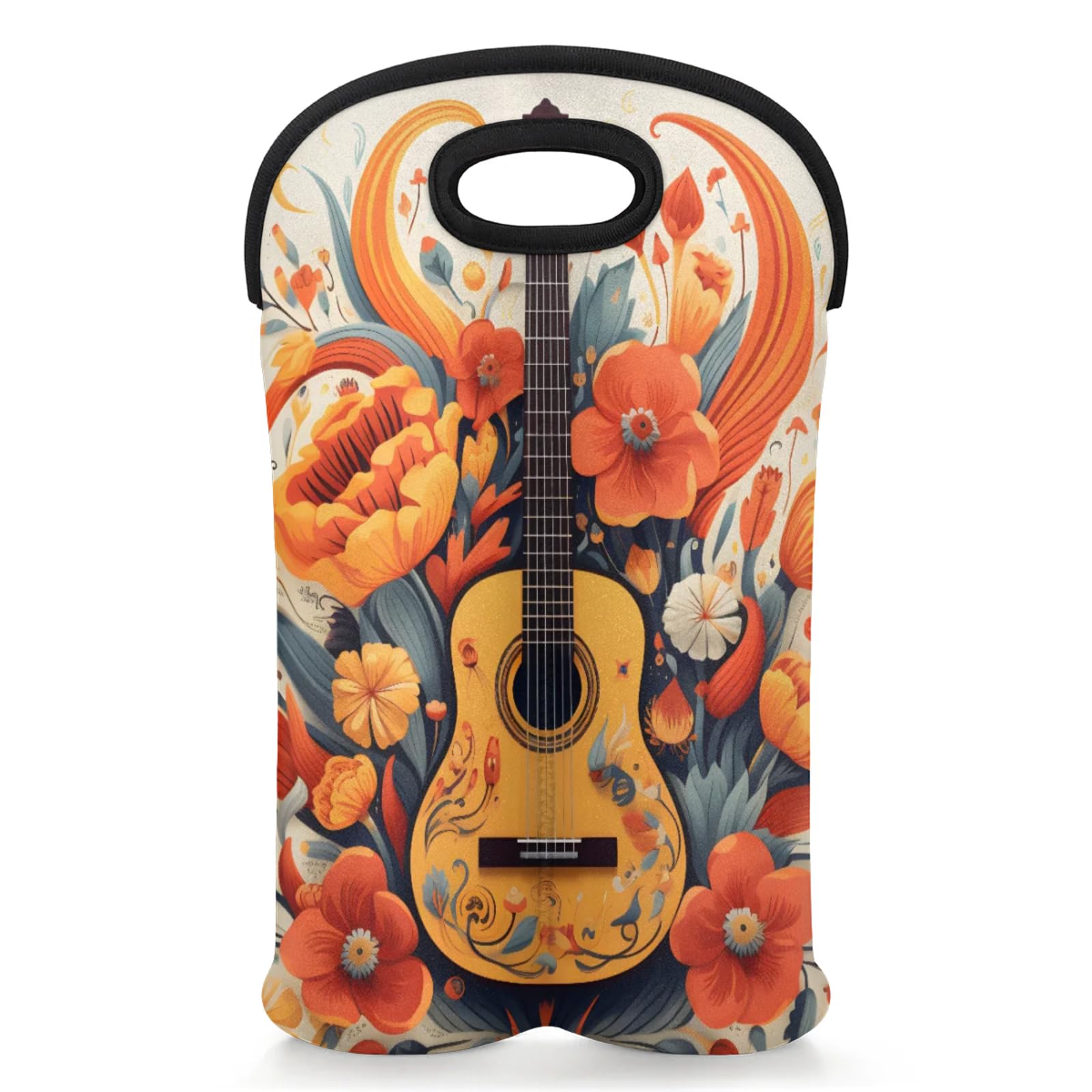 GzLeyigou 2 Bottles Guitar Floral Wine Bag Sleeve Totes Neoprene Protective Wine Carrier Bag for Wine,Water, Champagne, Beer, Baby Bottles,Gift 14.5 x 10 Inches
