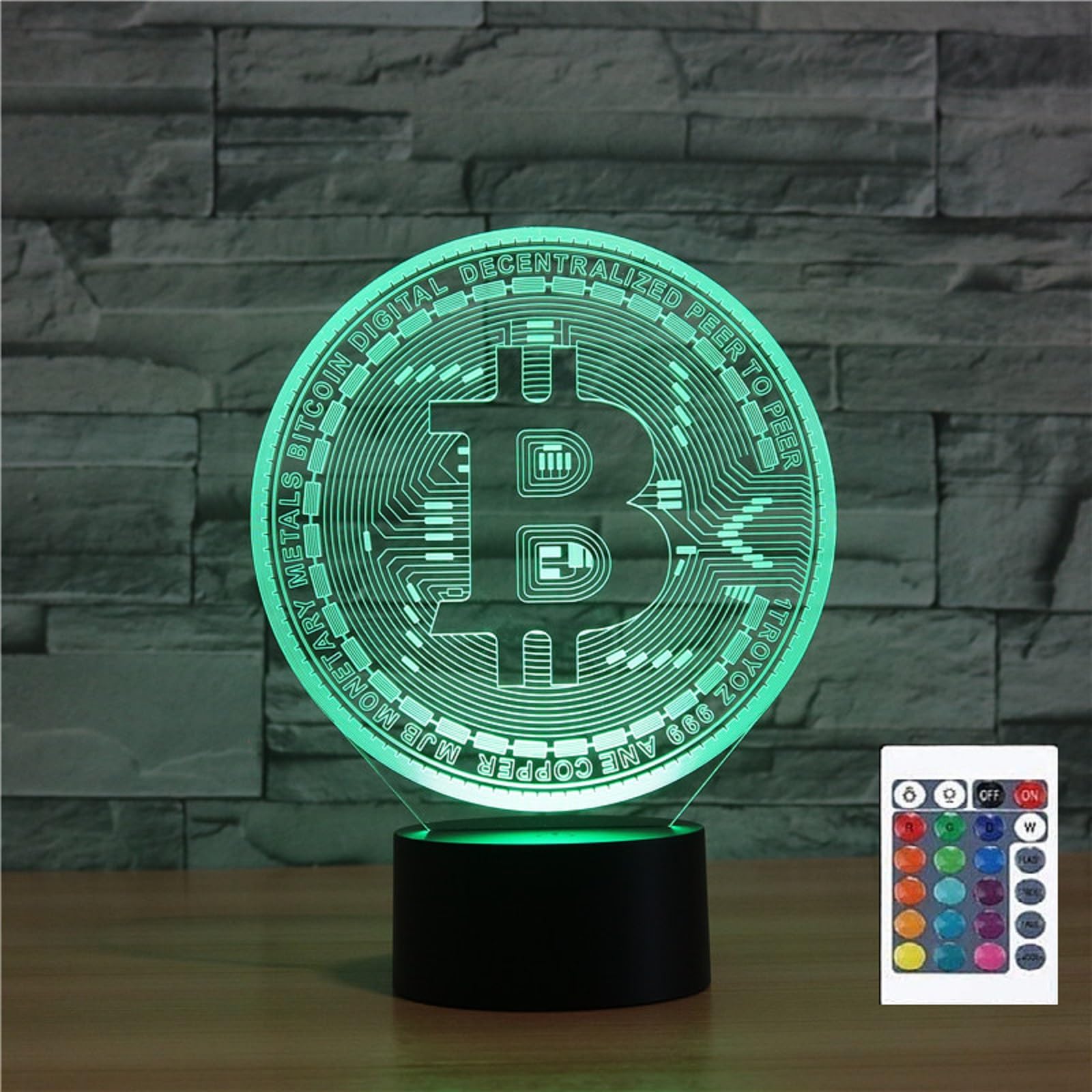 FLRXHK Bitcoin 3D Illusion Night Light Touch Table Desk Lamp with Remote Control 16 Colors Optical USB LED Night Light for Kids Gift Room Decoration