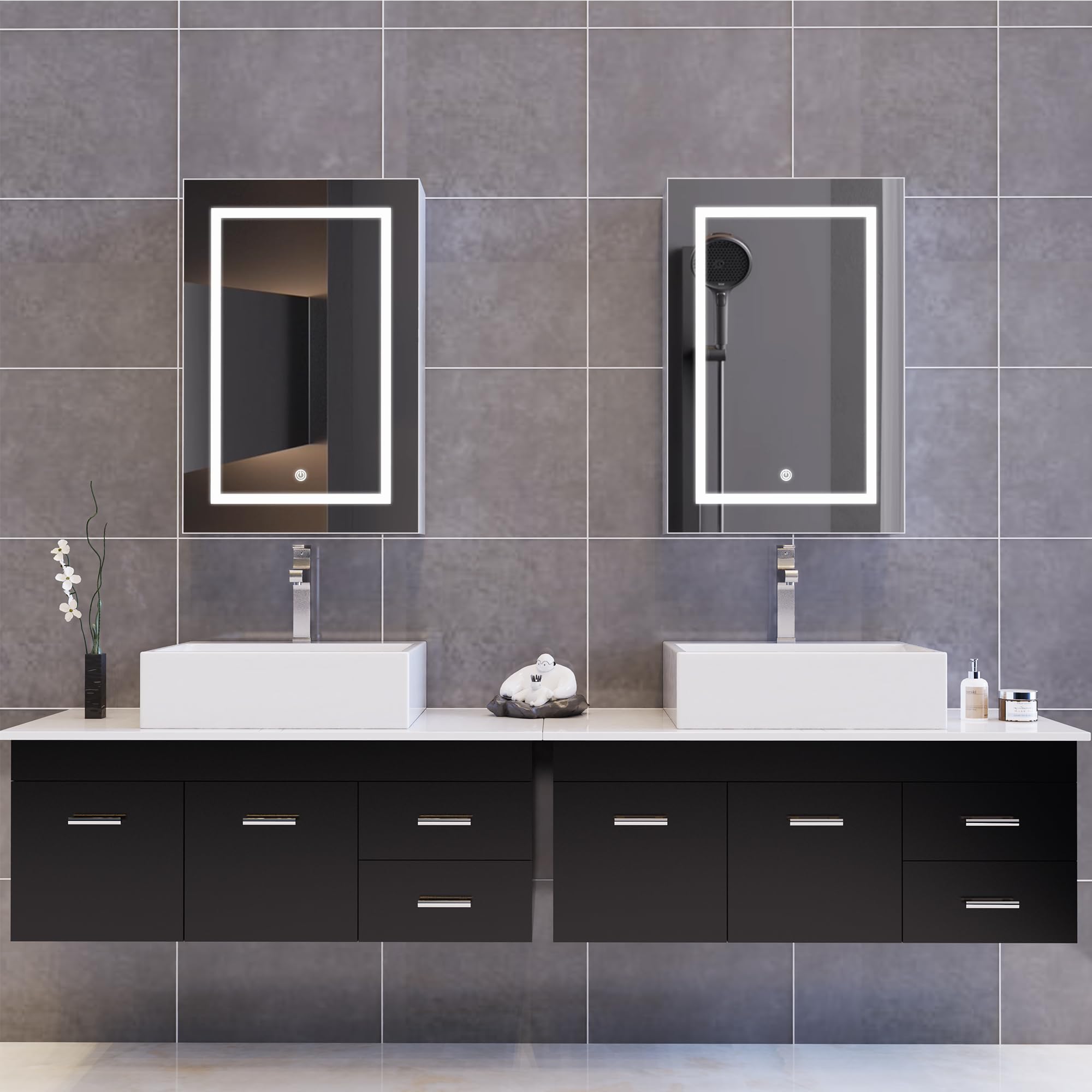 Espejo de baño con iluminación, armario de baño de una puerta con luz y estantes ajustables, armario de baño, 70x50cm, espejo LED, IP54 a prueba de agua, control táctil, espejo de pared (blanco-una