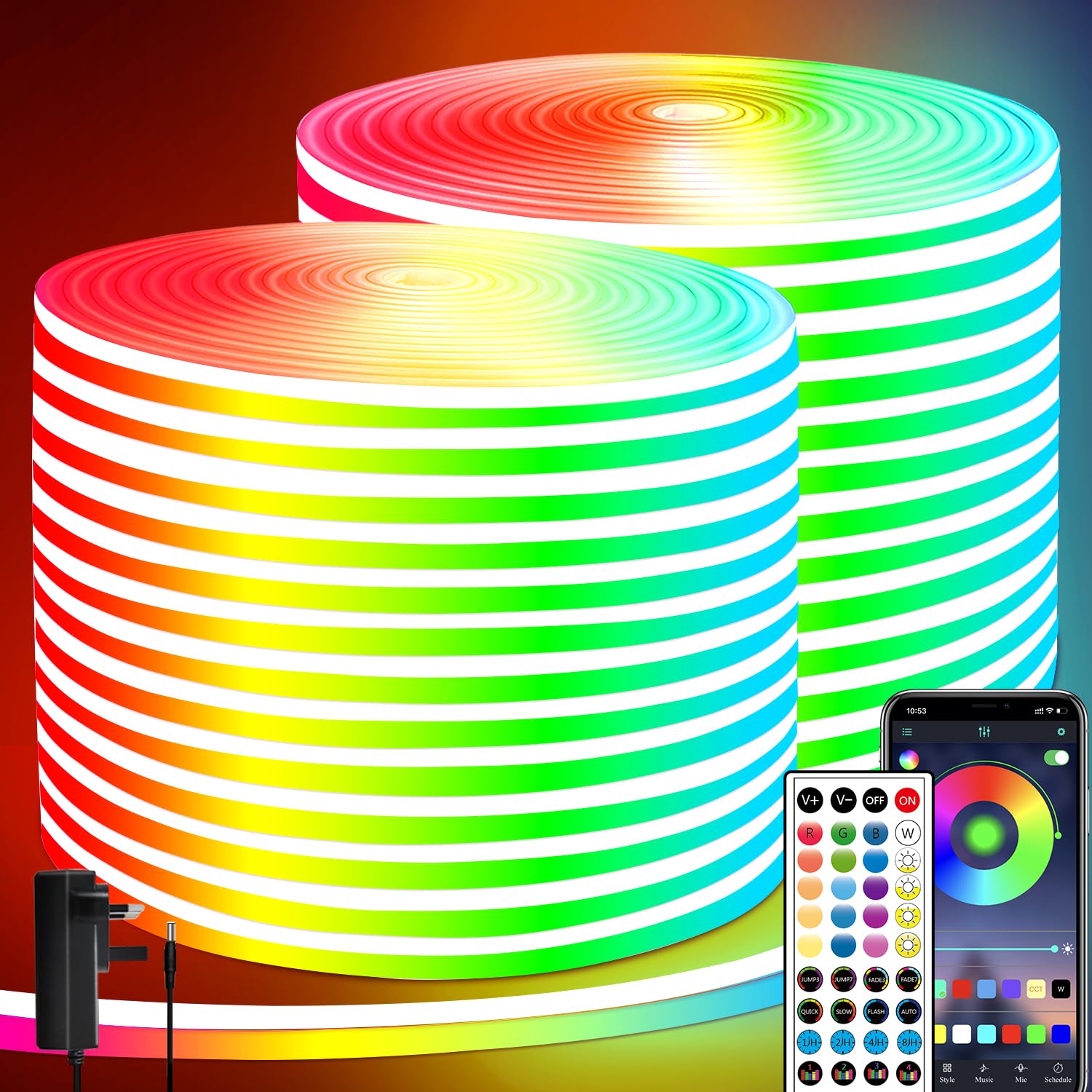 40M Neon LED Rope Light IP65 Waterproof LED Lights for Bedroom Flexible led Strip Light with Remote/APP Control timed RGB Strip Lights for Indoors Outdoors Bedroom Room Home Decor （2 Rolls of 20 M）
