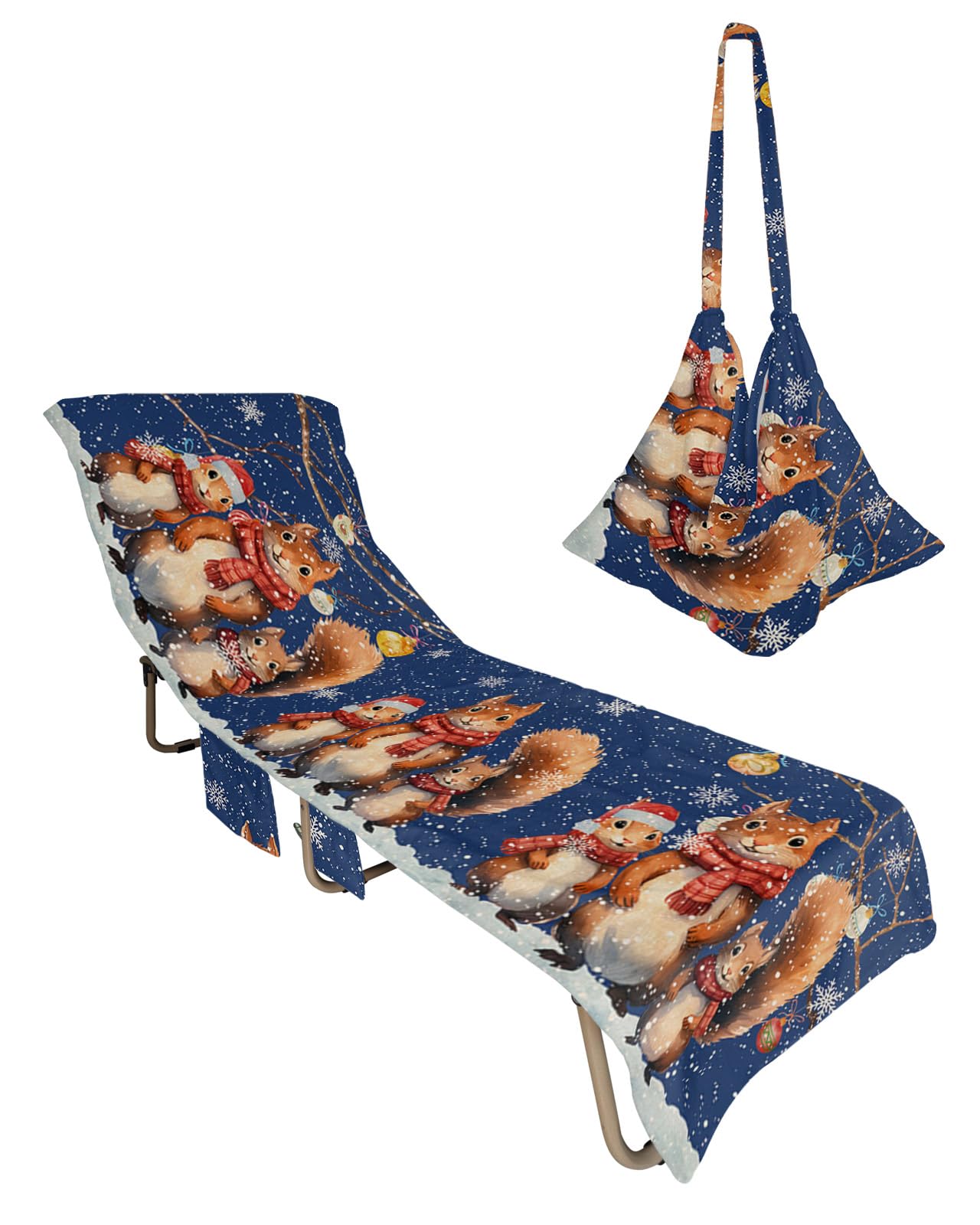 Blue Squirrels Christmas Beach Lounge Chair Towel Cover, Soft Chaise Lounge Towel with Side Pockets Patio Pool Chairs Cover for Beach/Pool Sunbathing 29x85 Xmas Tree Balls Winter Snowflake