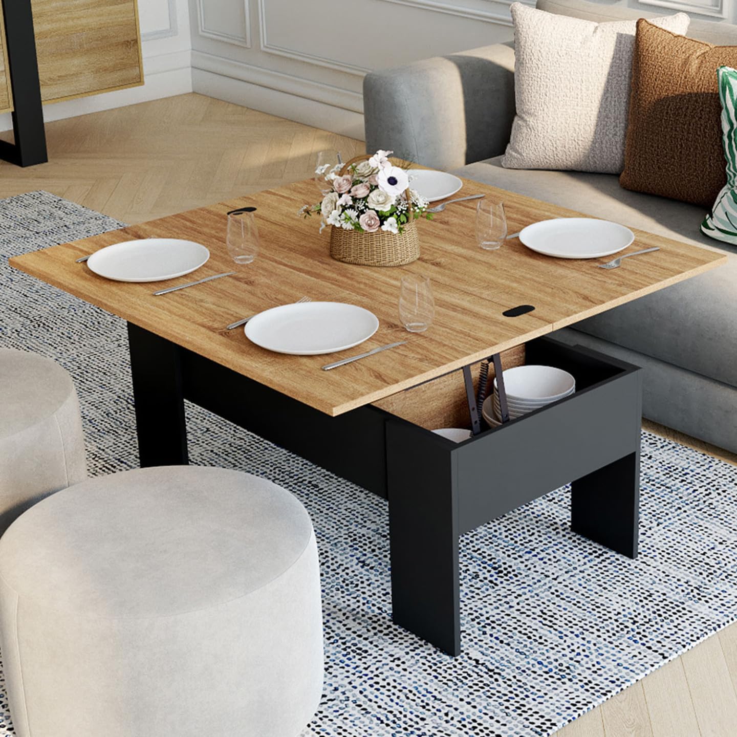 IDMarket - Mesa de centro con tablero elevable rectangular Tara madera negra e imitación haya