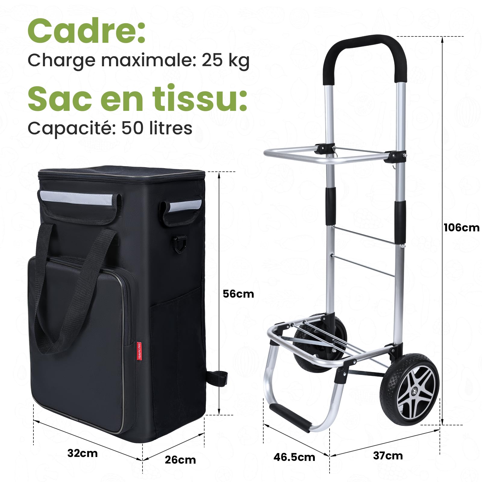 YEAUPE PRO Chariot de Courses, Capacité 50 L - Cadre en Aluminium, 2 Roues, Chariot 3 en 1 avec Sac Isotherme - pour Supermarché, Picnic, Voyages - Noir