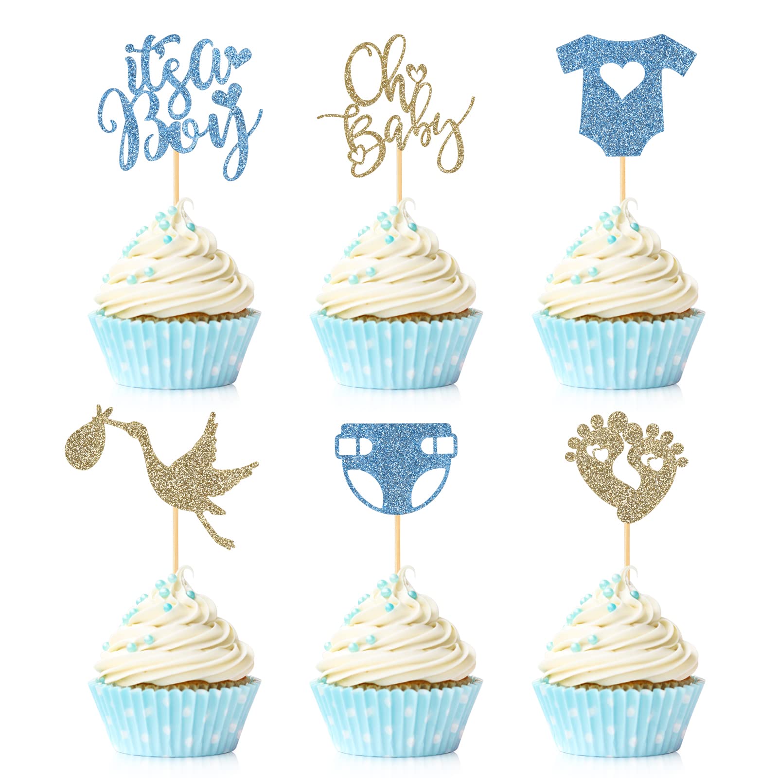 24PCS Oh Baby Cupcake Toppers Baby Boy Cupcake Toppers with Bow Footprint Swan Light Blue Glitter Gender Reveal Cake Picks Decorations for Baby Shower Its a Boy Birthday Party Supplies