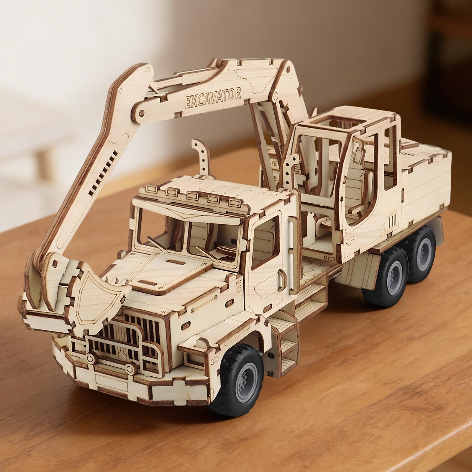 Foyucool 3D Wooden Puzzles for Adults, Mechanical Car Model Kits to Build, DIY Pull-Back Vehicle Construction Set, Creative Birthday for Teens Men (Heavy Excavator)