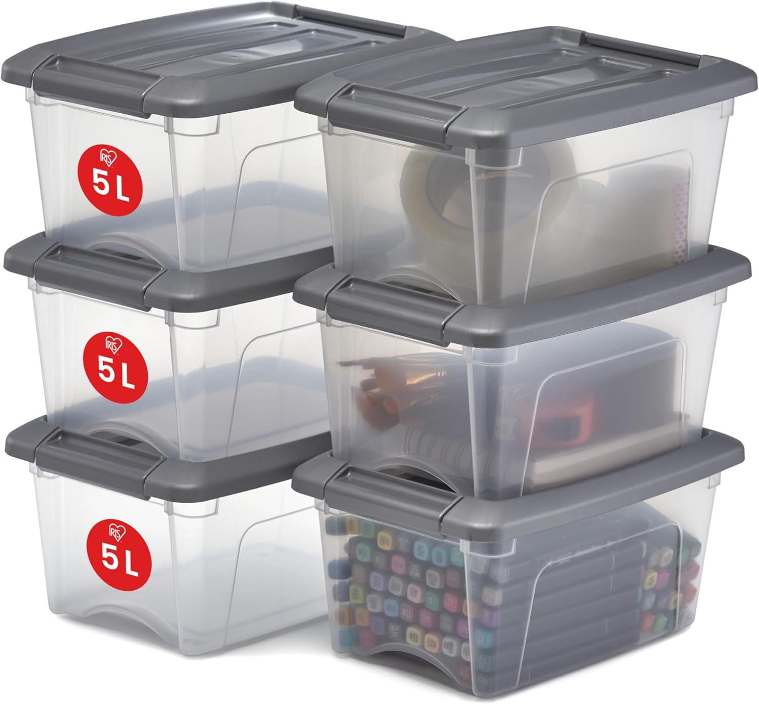AmazonBasics, Set of 6 Storage Boxes, 5 L with Clips, Stackable, Living