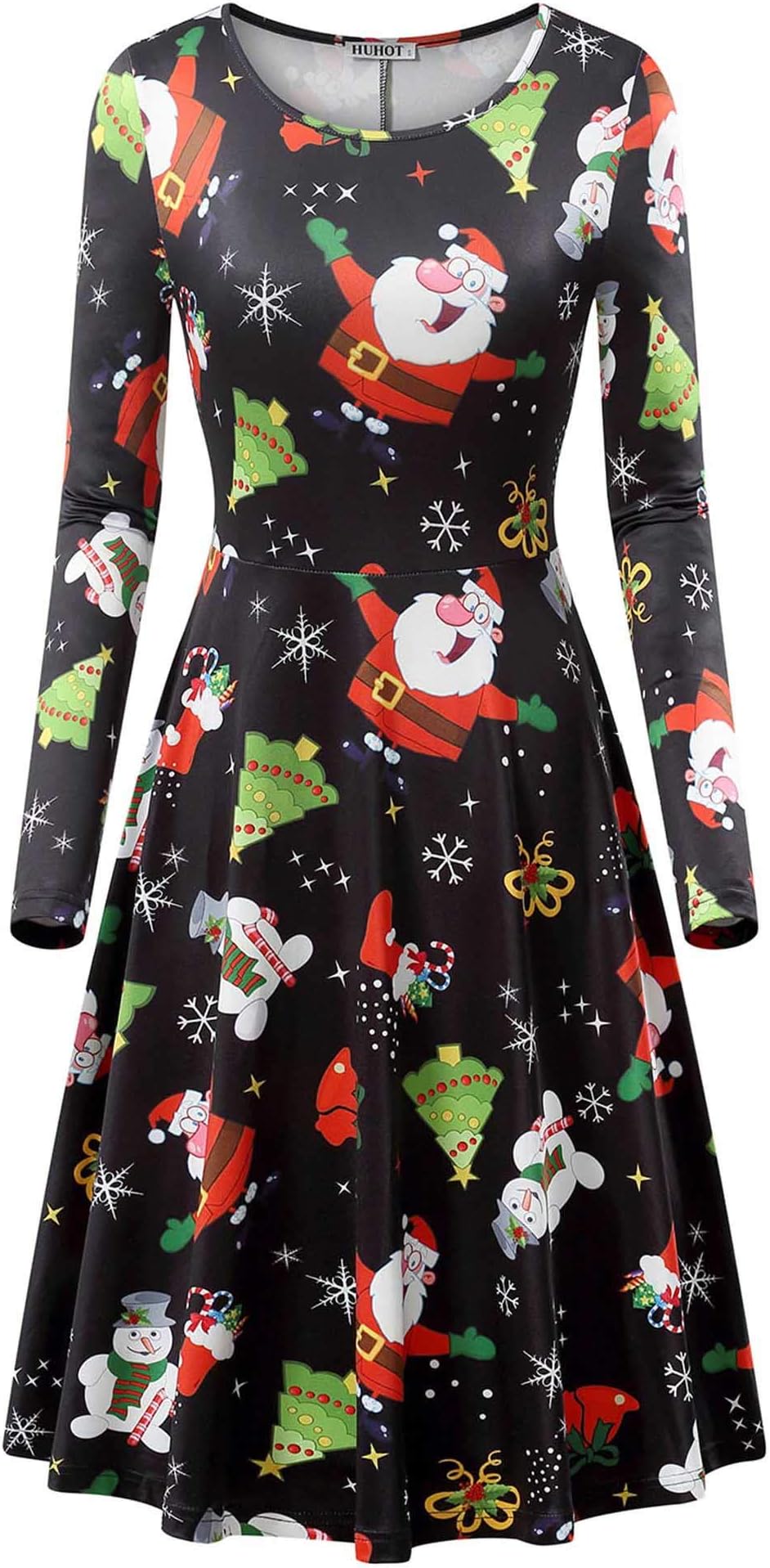 HUHOT Christmas Santa Claus Print Fit and Flared A Line Dresses(Black Santa Claus,XX-Large)