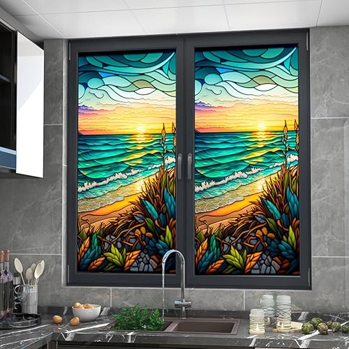 Miniatura 5 de Uneeruiqy Lámina retro para ventana, no adhesiva, colorida, puesta de sol, privacidad, decorativa, adherencia estática, 17.7 x 39.4 in, tamaño único