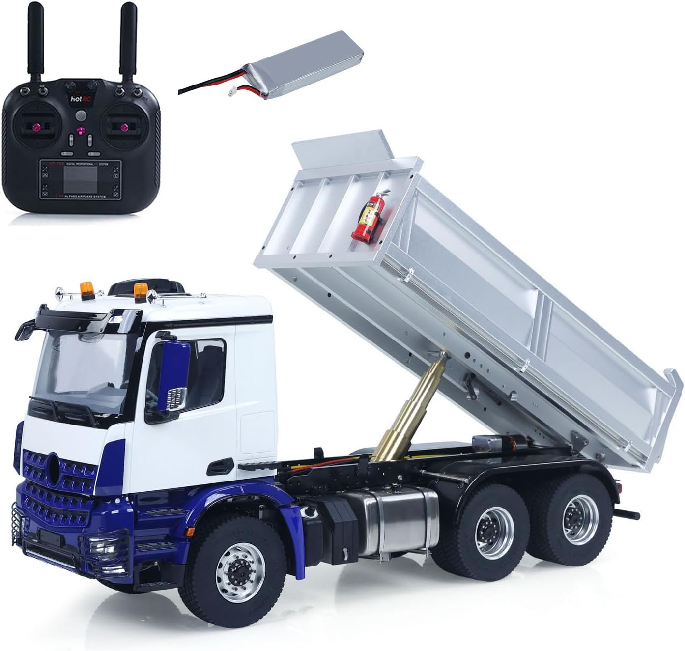 Metal Chassis Model RTR 1/14 RC Hydraulic Dumper 2Speed Remote Control Tipper Car 3Axles NO Lock Differential Axle Radio Battery Hobby Grade Model for Adult(Blue and White)