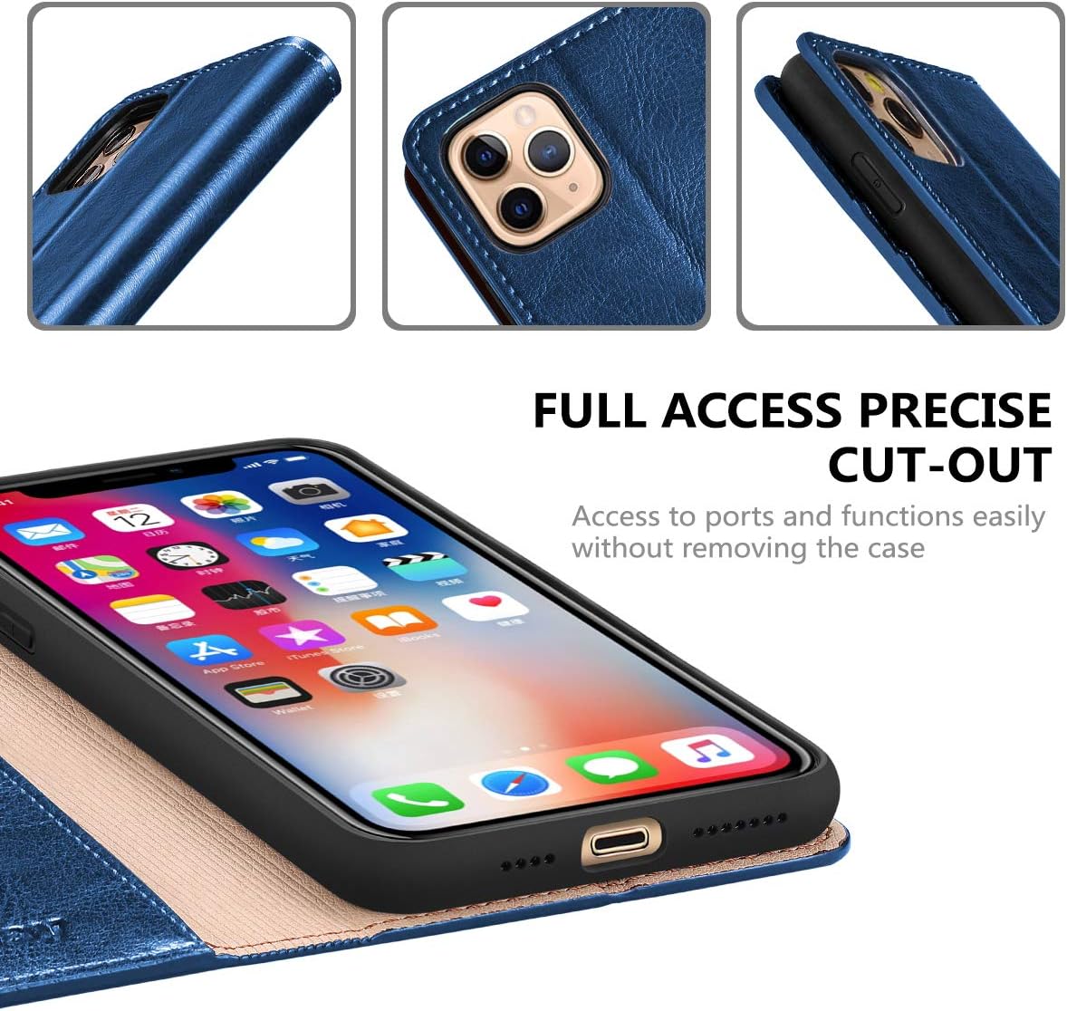 Belemay Compatible with iPhone 11 Pro Wallet Case, [Genuine Cowhide Leather Case] Folio Book Flip Cover Card Holder Slots, Kickstand, Cash Pockets (5.8-inch), Blue