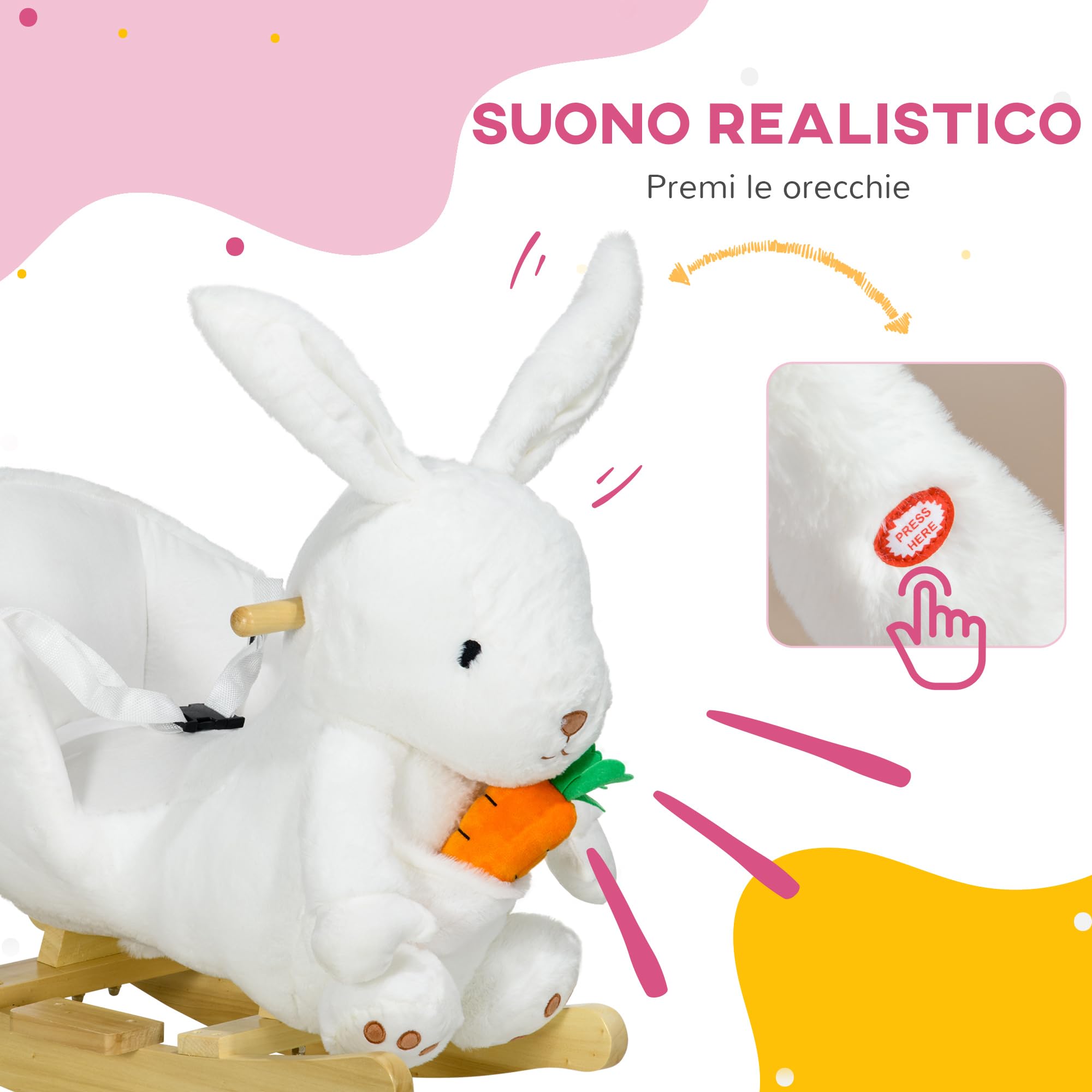 HOMCOM Cavallo a Dondolo per Bambini da 18-36 Mesi, Cavalluccio a Dondolo per Bambini Cavalcabile con Suoni Realistici, 60x33x50 cm, Bianco