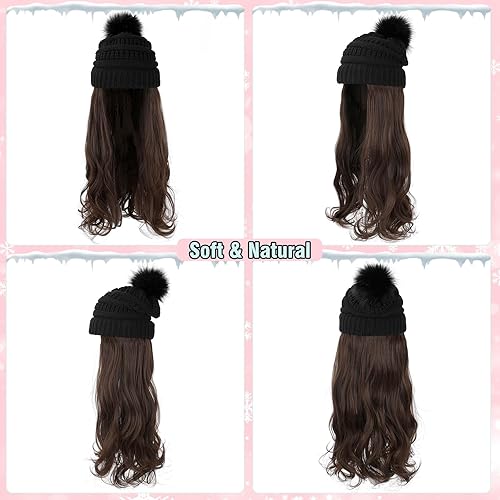 Miniatura 3 de Lansigreen Gorro con peluca, gorro con cabello, extensiones largas onduladas, gorro de punto con pompones, 20 pulgadas, sintético, extraíble, para