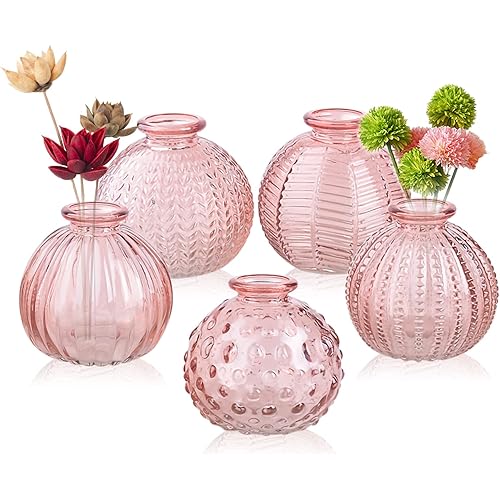 ELEGANTTIME Single Glass Bud Vase Pink Glass Vases for Centerpieces Decor Glass Flower Vase Bottle with Crok Wire Iron Handle Design Perfect for Cafes, Office Table, Home and Garden