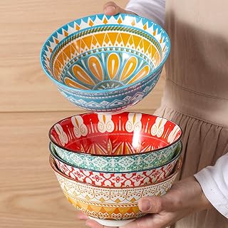 shiningsoul 24 OZ / 680 ml Bohemian Ceramic Cereal/Soup Bowls Set of 4 | For Pasta, Salad, Ramen, Fruit Serving, Ice Cream, Dishwasher & Microwave Safe, 6.3 Inch, Vibrant Serving Bowls with Gift Box