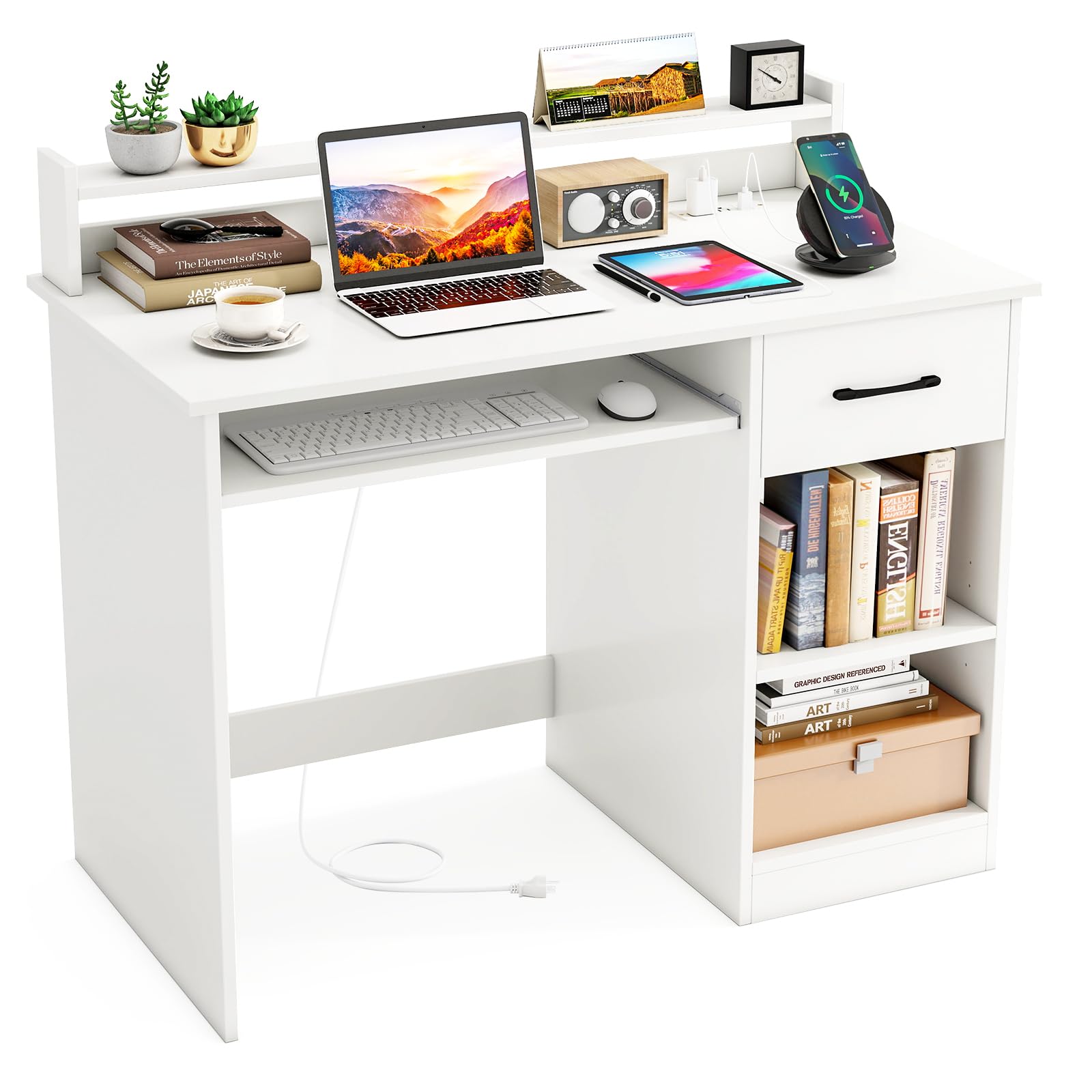 Tangkula White Desk with Drawer & Keyboard Tray, Home Office Desk with Built-in Charge Station & Adjustable Shelf, Study Writing Table with Hutch,