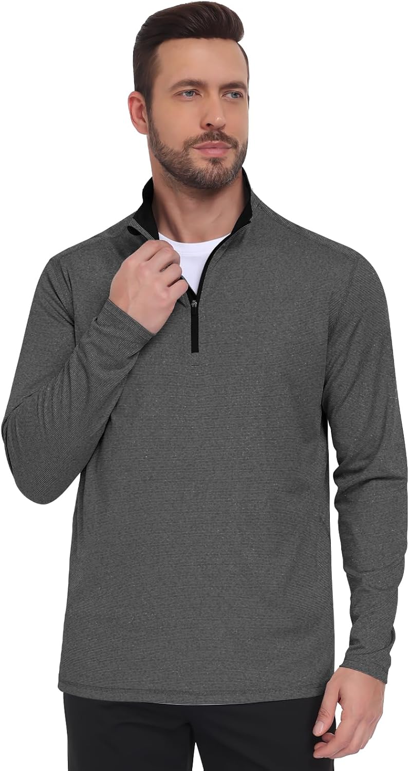 Mens Quarter Zip Golf Pullover - Long Sleeve, Striped, UPF 50+, Dry-Fit with Collar for Running & Casual - Image 2