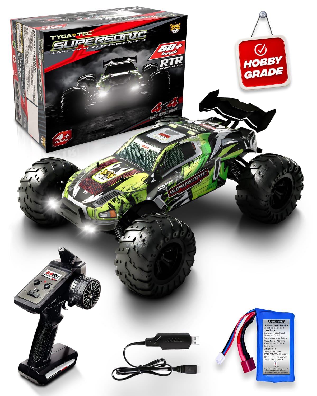 Tygatec 1:16 All Terrain Supersonic Rc Car, 45 Kph High Speed Remote Control Car with 2.4 Ghz Control, Electric Vehicle Off-Road Truck, 4X4 Wheel Drive Trucks Rechargeable Batteries,Green